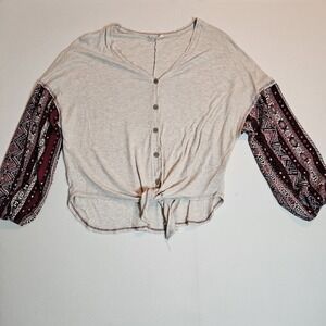 Hummingbird Tie Front Waffle Knit‎ Top Size M Boho Mixed Print Sleeve Blouse